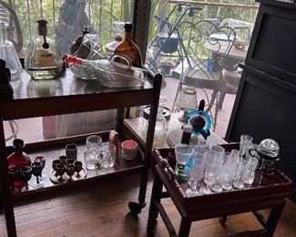 Bar carts and trays, decanters, shot glasses, etc