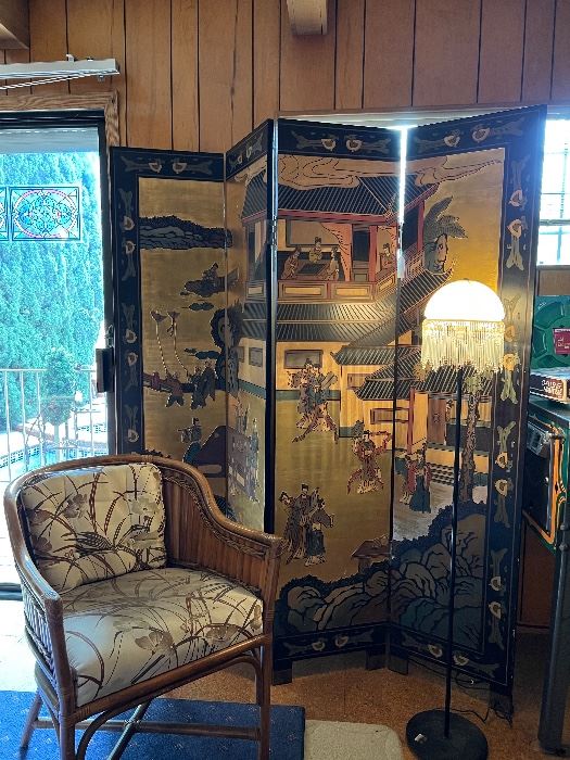 1950s oriental room divider, mcm bamboo chairs, mcm lamp