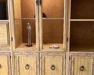 3pc Bamboo cabinet set  - center - lighted, w/glass shelves 