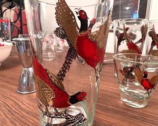 Vtg. Mid Century Modern Hazel Atlas red gold Pheasant bar glasses 