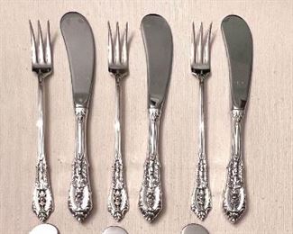 20% OFF Vtg. Wallace sterling Rose Point flatware from Nieman Marcus - Butter knife and Hors Dooeuvre fork - 2pc place setting for 6 - plus one extra place setting 