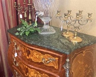 Inlaid wood 3-drawer chest with marble top