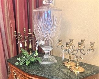 Brass candle holders; glass dispenser