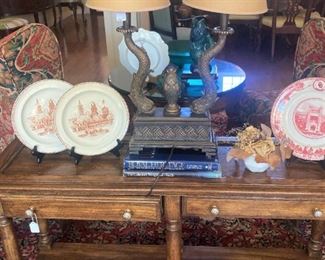 "Fish" lamp; sofa table; University of Oklahoma plates