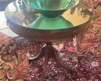 Vintage drum table; large green bowl