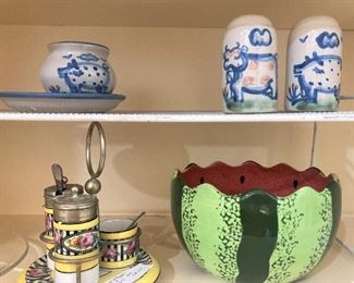 More M.A. Hadley; condiment set; watermelon bowl