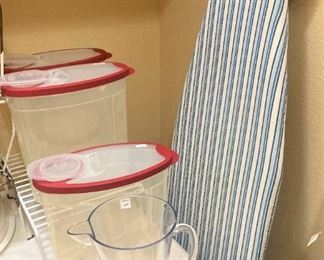 Plastic containers; ironing board