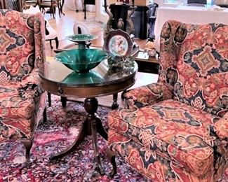Matching wingback chairs; vintage drum table