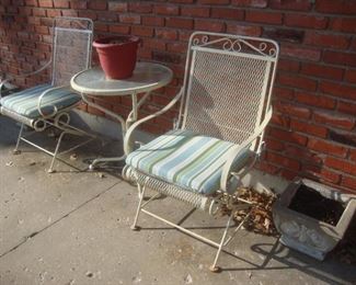 Pr wrought iron rocking chairs, concrete planter