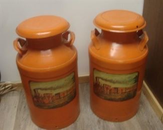 Pr of steel milk cans w orange paint