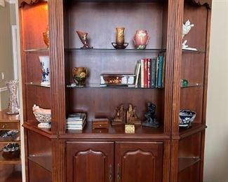 3-piece mahogany bookcase/shelving unit with overhead lights:  78.5"H x 69"W x 17"D