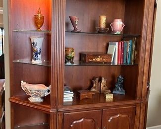 3-piece mahogany bookcase/shelving unit with overhead lights:  78.5"H x 69"W x 17"D