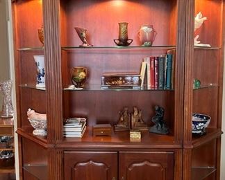 3-piece mahogany bookcase/shelving unit with overhead lights:  78.5"H x 69"W x 17"D