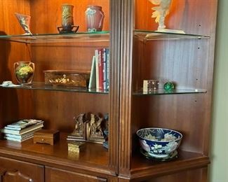 3-piece mahogany bookcase/shelving unit with overhead lights:  78.5"H x 69"W x 17"D