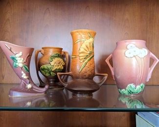 Roseville vases:  Snowberry, Waterlily, Freesia, and Primrose.  Circa 1936-1940