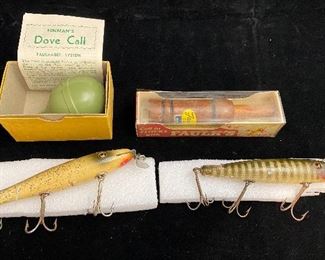 Hinman’s Dove Call w/ Box & Paper • Faulk’s Duck Call 1950’s NIB • Vintage Wooden Fishing Lures 