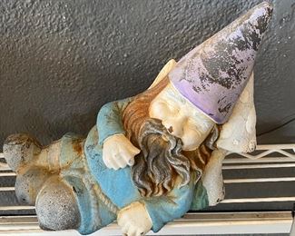 Rare HTF Cast Iron Sleeping Garden Gnome Leaning on Mushroom 