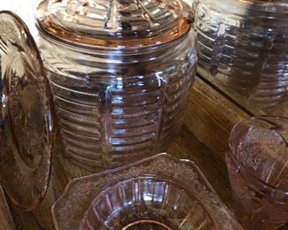 Depression glass cookie jar and more