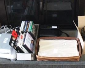 Wii console, games and controllers, X Box One console and Longaberger baskets.
