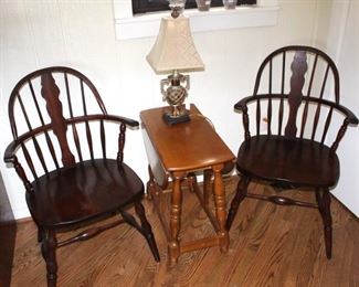 Pair of Windsor chairs with small drop leaf end table.