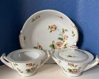 Lynmore Golden Rose pattern china serving bowl, cream and sugar set