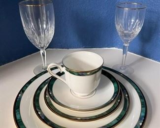 Kelly by Lenox bone china 5-piece place setting. Eight complete sets, including crystal water and wine glasses