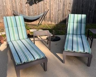 Two pool loungers, hammock and stand