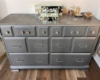 Wooden 6-drawer dresser painted silver with new silver and rhinestone hardware