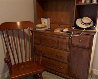 Oak changing table dresser with hutch and wooden rocking chair
