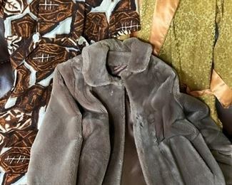 Vintage (1960s) dress, smoking jacket, and faux fur coat