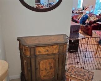 Oval mirror, front Hall cabinet with drawers, coffee table, cushioned folding chair, Inlaid Italian diminutive table with built-in Swiss Music Box, 