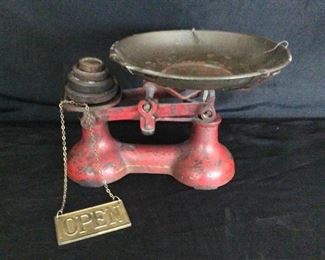 Vintage Merchant Cast Iron Scale with Scoop  Tray  w 4 Weights. Brass Open Close Sign