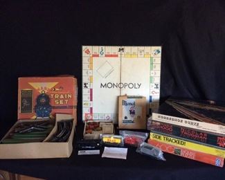 Trains Games. Train Set, Puzzles, Shell Display Train Set  Vtg. 1950s Monopoly Popular Edition.