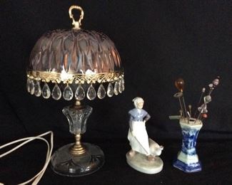 Royal Copenhagen Goose Girl 528, Signed Vintage Hat Pin Vase w Pins  Vintage Glass Globe Lamp