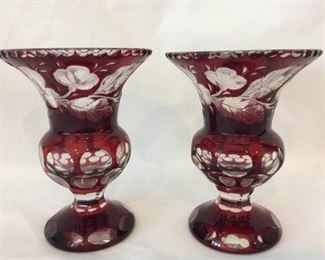 Pair Of Ruby Red CutToClear Glass Mantle Urns, Floral  Leaf Pattern