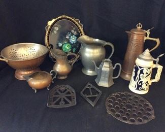 Collection Of Metal, Pewter, Copper Ceramic, Including Cornwell Pitcher, Beer Steins  Trivets