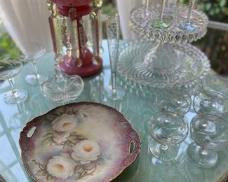 Antique Bohemian luster, Fostoria cake pedestal, crystal