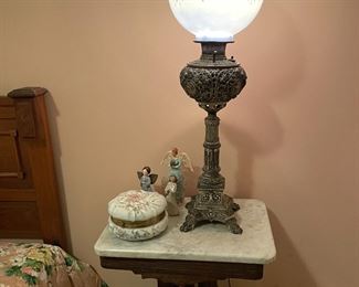 Eastlake table, Wavecrest powder box, antique banquet lamp