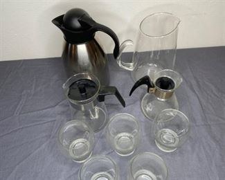  Hostess Helpers: Thermos Carafe, Pyrex Glass Pitcher and Punch Glasses
