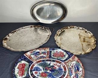 Silver Plate Serving Dishes and Peacock Design Serving Tray