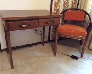 Small Wooden Desk and Montgomery Ward Wicker Style Chair