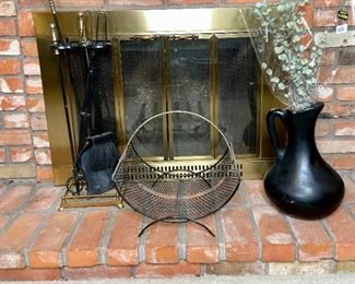 Fireplace Tools, Firewood Basket, and Large Decorate Vase