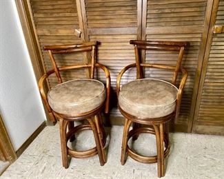  (2) Kalp-Son Rattan Co. Rattan and Vinyl Swivel Barstools