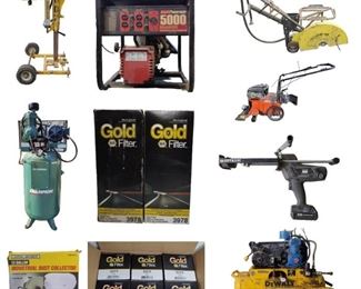 Large Compressors, NEW Industrial Dust Collector, Echo Bearcat 75060 Yard Vac, Hobart Stickmate LX Welder, Pallet Jack, E-Z Drill Vertical Shaft Drill, Diamond Core Cut Concrete Saw, Metal Storage Cabinet, Tool Box, Mahogany Reception Desk, Filters, Portable Propane Heaters, 