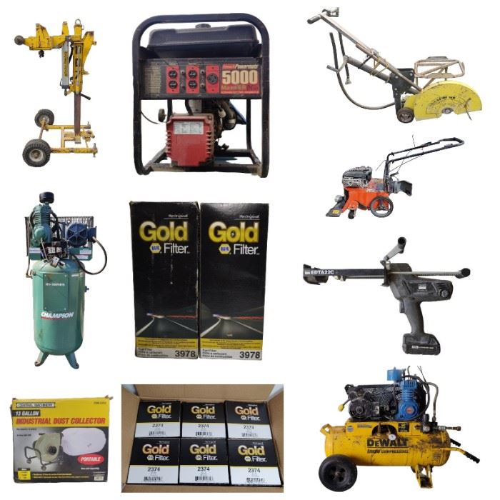 Large Compressors, NEW Industrial Dust Collector, Echo Bearcat 75060 Yard Vac, Hobart Stickmate LX Welder, Pallet Jack, E-Z Drill Vertical Shaft Drill, Diamond Core Cut Concrete Saw, Metal Storage Cabinet, Tool Box, Mahogany Reception Desk, Filters, Portable Propane Heaters, 