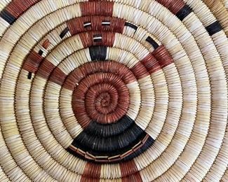 Hopi Second Mesa Coil Basket with Mudhead Design  Native American Figural Flat Plaque	12 inches diameter	
