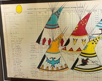 Original Art Terrance Guardipee Blackfeet Ledger Painting 5 TeePees Native American Framed Drawing Siksikaitsitapi	Frame: 24 x 30in	
