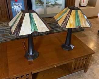 2pc Mission Style Bronze & Slag Glass Table Lamps PAIR Arts And Crafts 	26 x 16 x 16in	HxWxD
