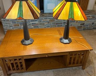 2pc Mission Style Bronze & Slag Glass Table Lamps PAIR Arts And Crafts 	26 x 16 x 16in	HxWxD

