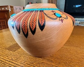 Klaus Stange Carved Wood & Turquoise Pot Southwest art 	5.75 inches high.	
